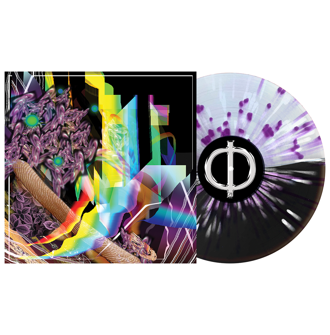 Vinyl record album with colorful abstract artwork on the cover and a splatter-patterned disc.